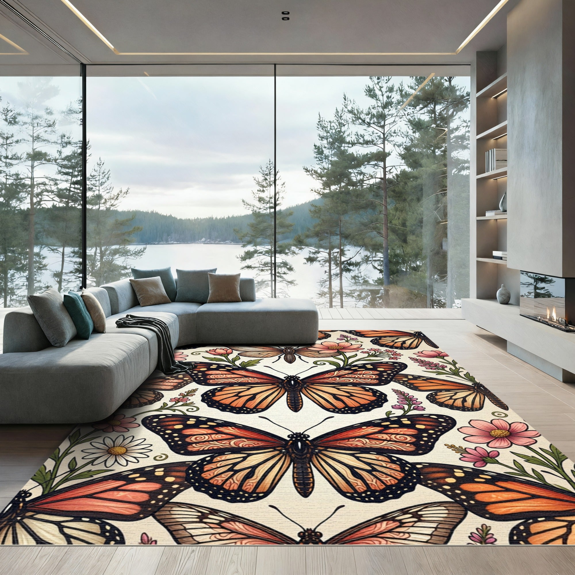Whimsical Orange Butterfly Garden Meadow Rug