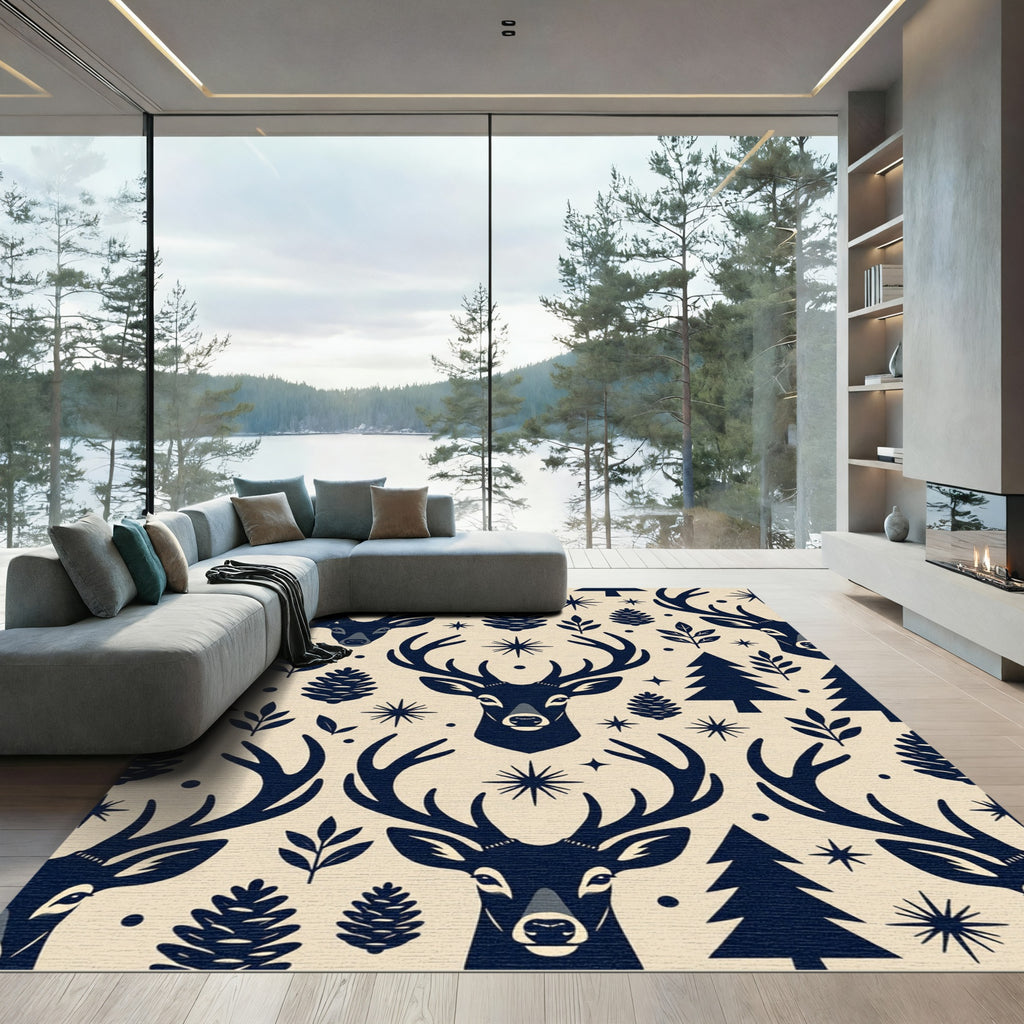 Nordic Navy Reindeer Forest Woodland Rug