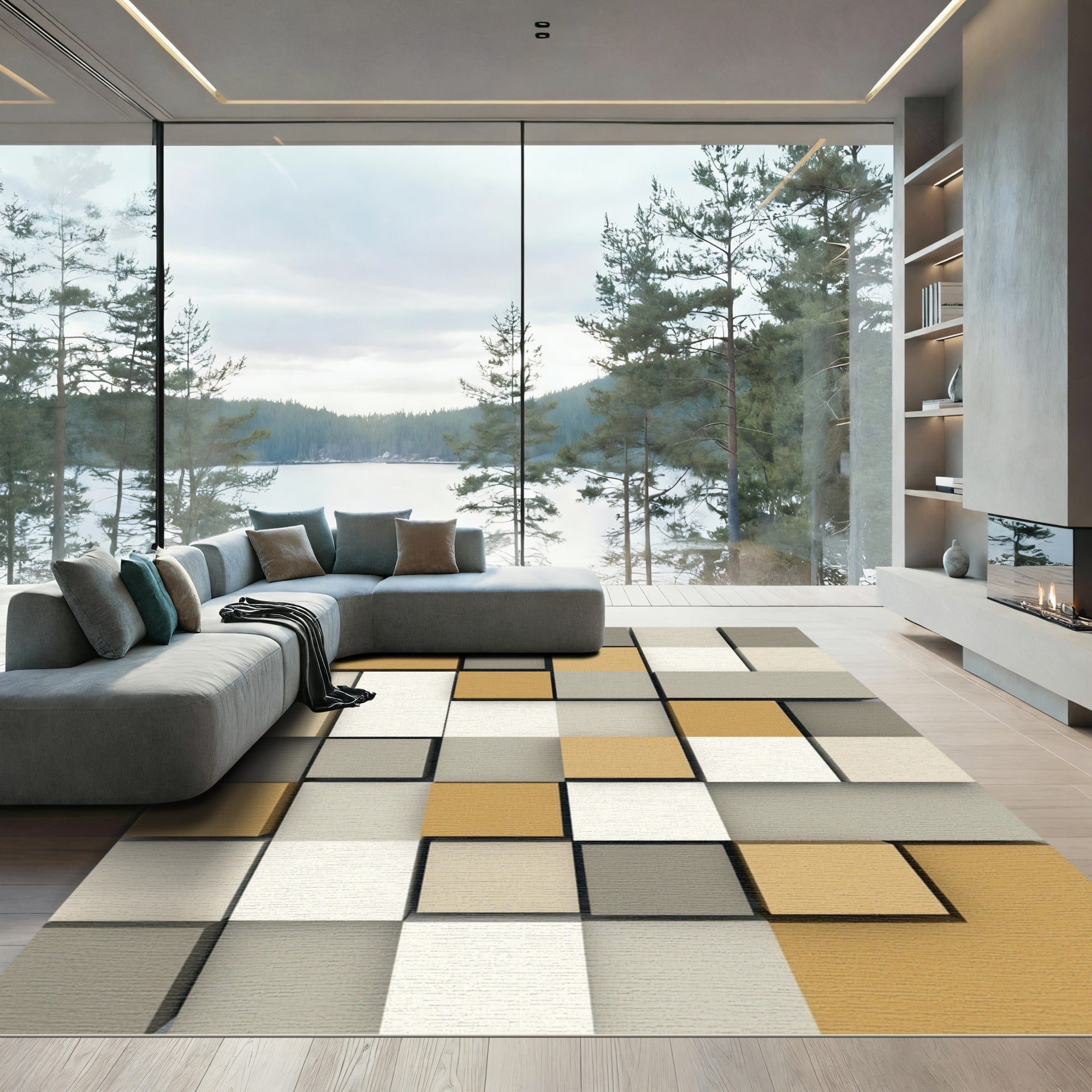 Geometric Cubes Mustard Grey White Rug