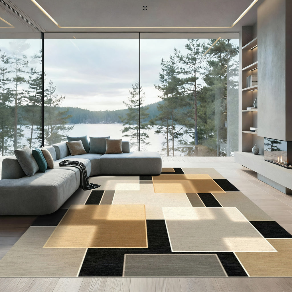 Modern Geometric Neutral Grid Composition Rug