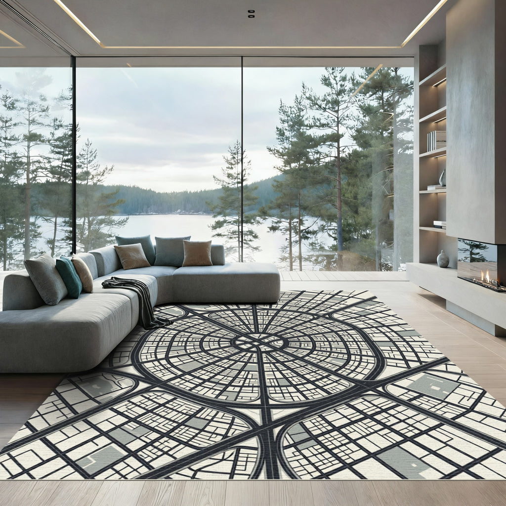 Monochromatic Urban Radiating Grid Map Rug