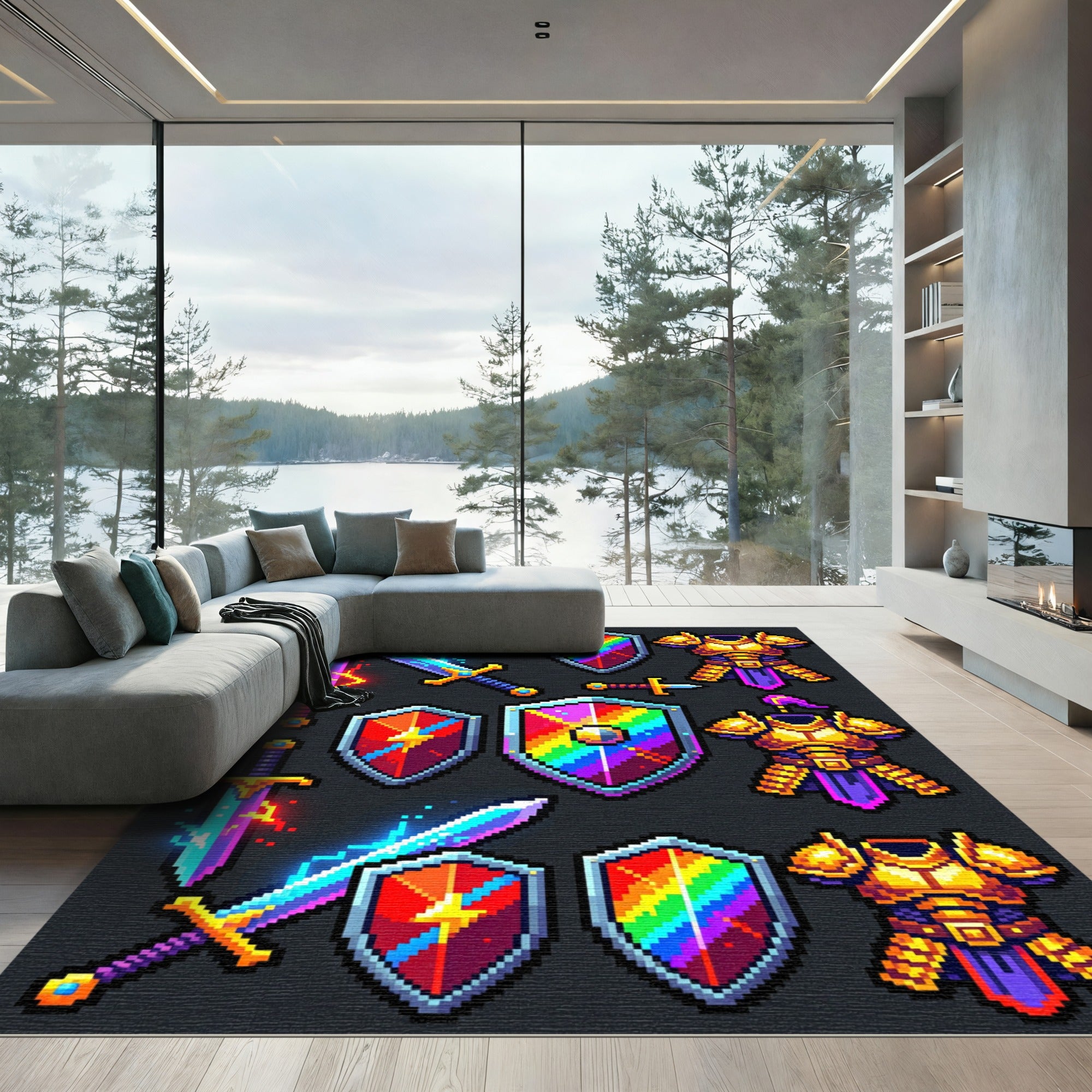 Pixelated Epic Fantasy Knight Icon Collection Rug