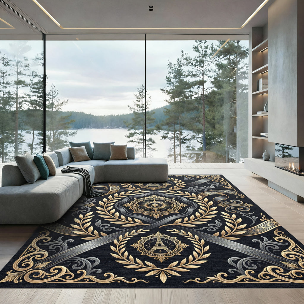 Elegant Gold Eiffel Tower Laurel Wreath Rug