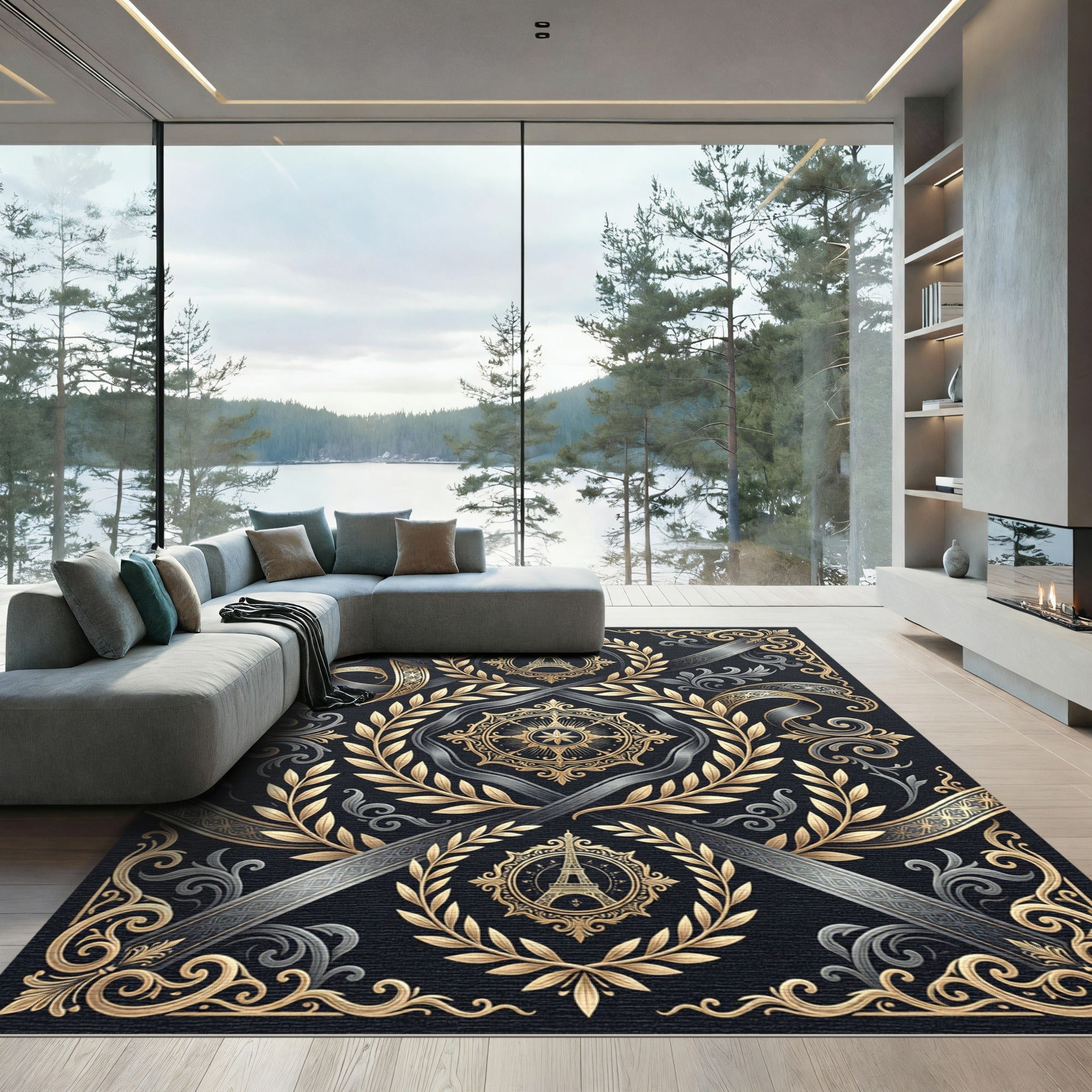 Elegant Gold Eiffel Tower Laurel Wreath Rug