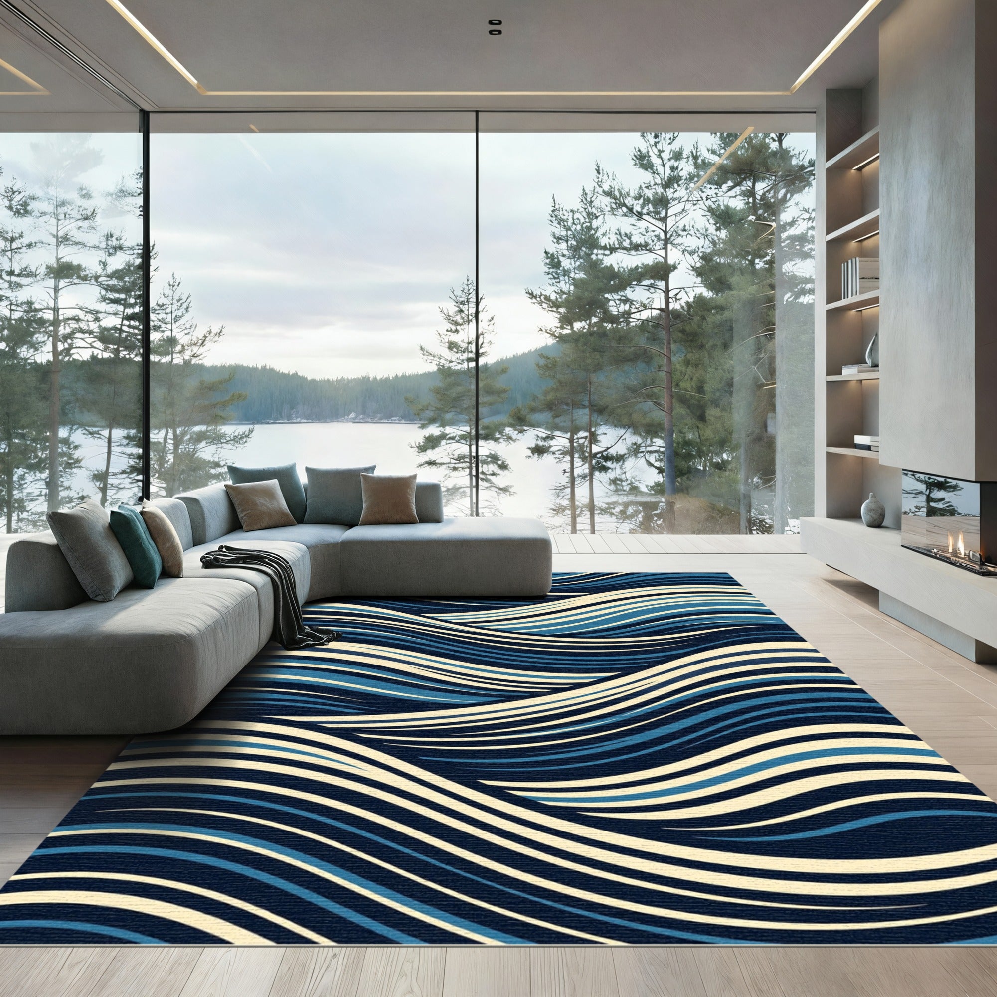 Modern Indigo Flowing Abstract Wave Rug