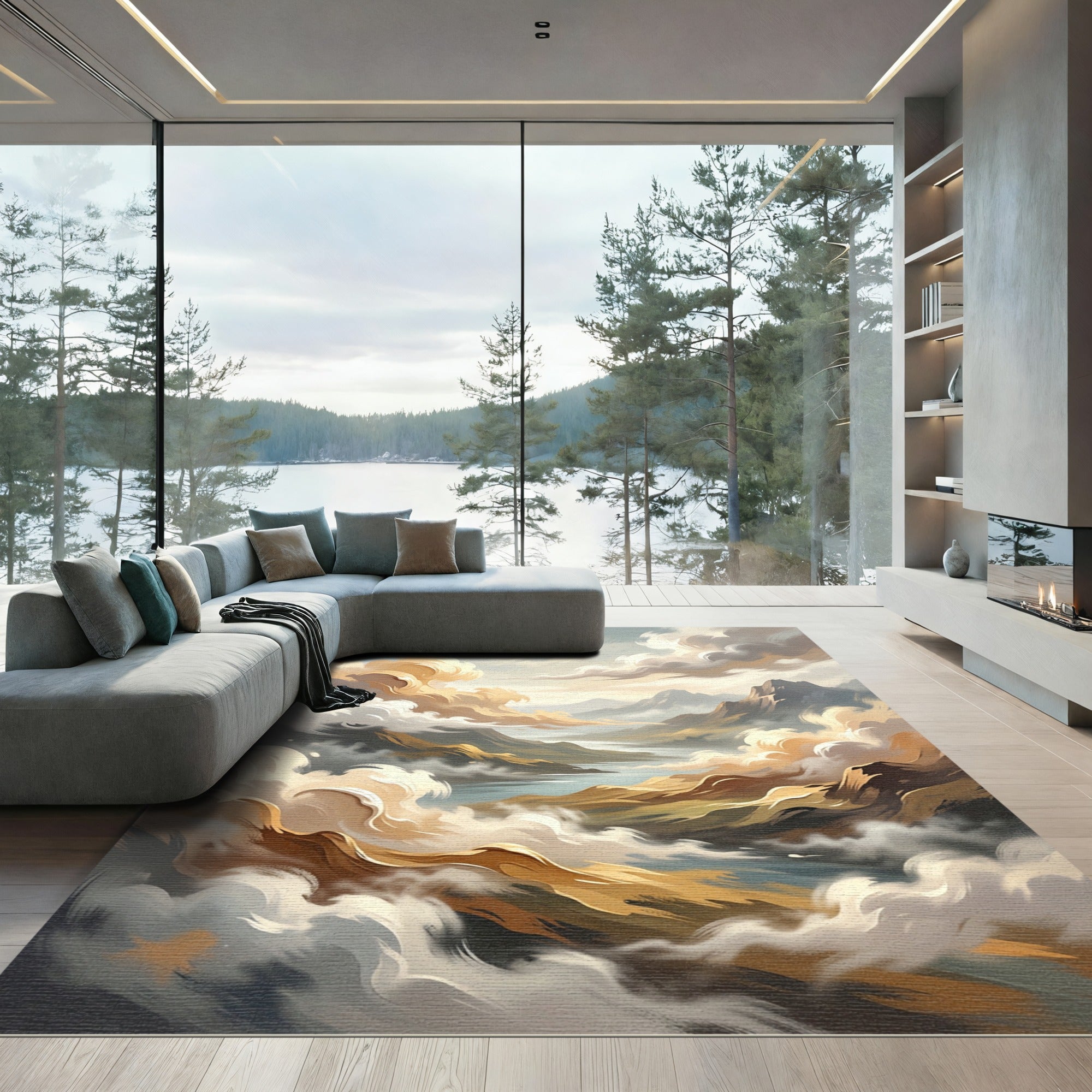 Golden Clouds Over Mountain River Scene Rug