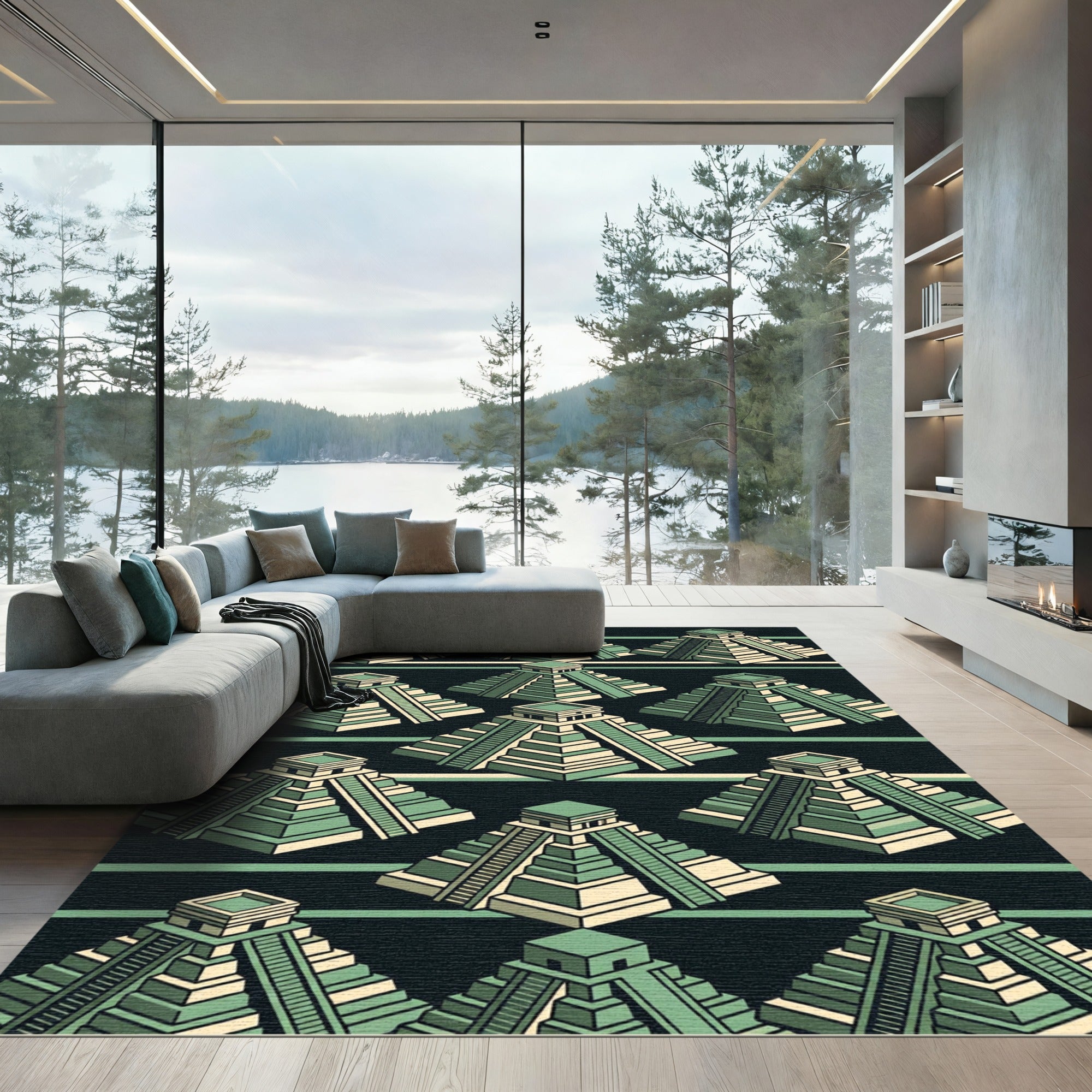 Sage Green Isometric Aztec Pyramid Grid Rug