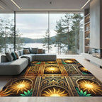 Golden Sun Arched Floral Ornate Grid Rug
