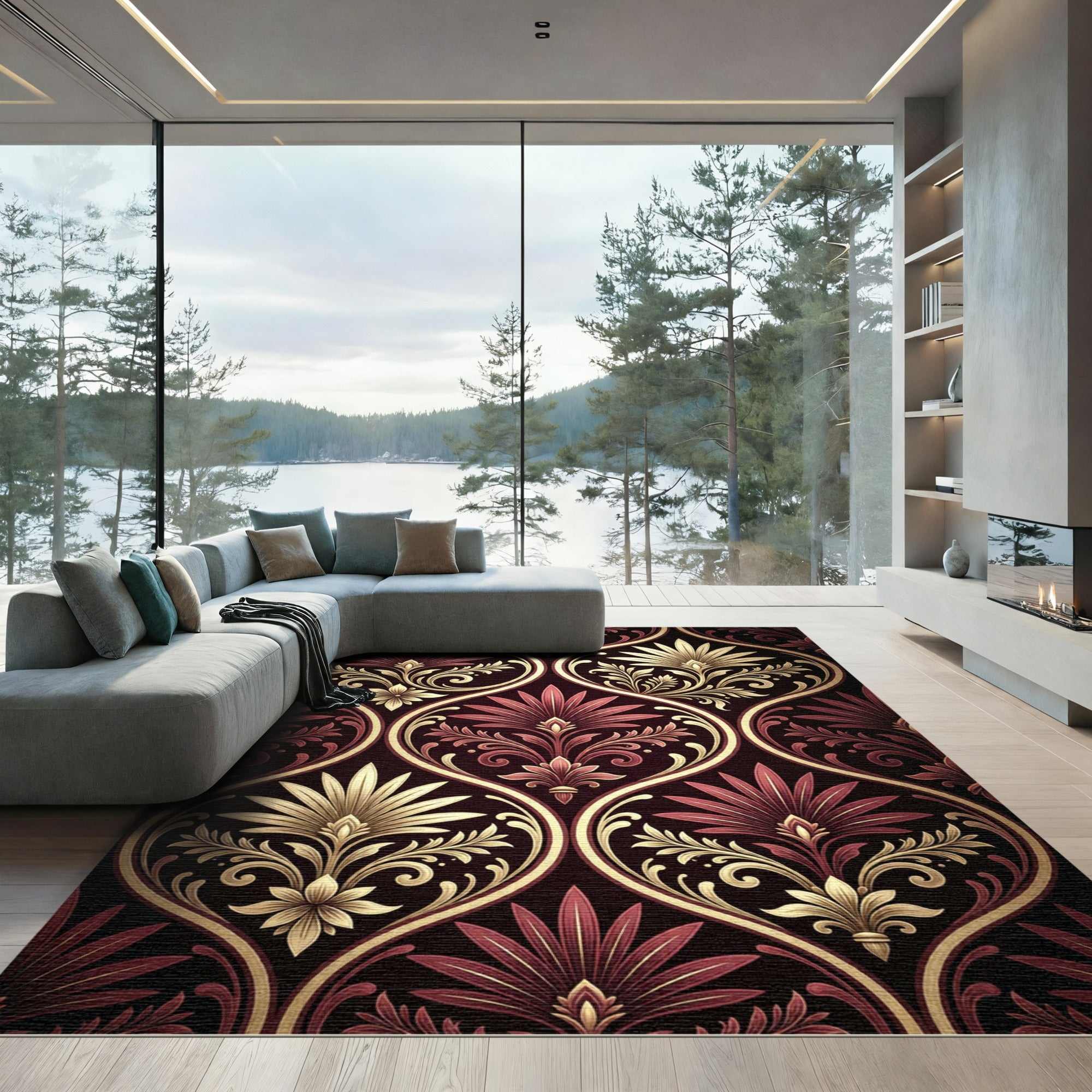 Deep Crimson and Gold Damask Floral Rug