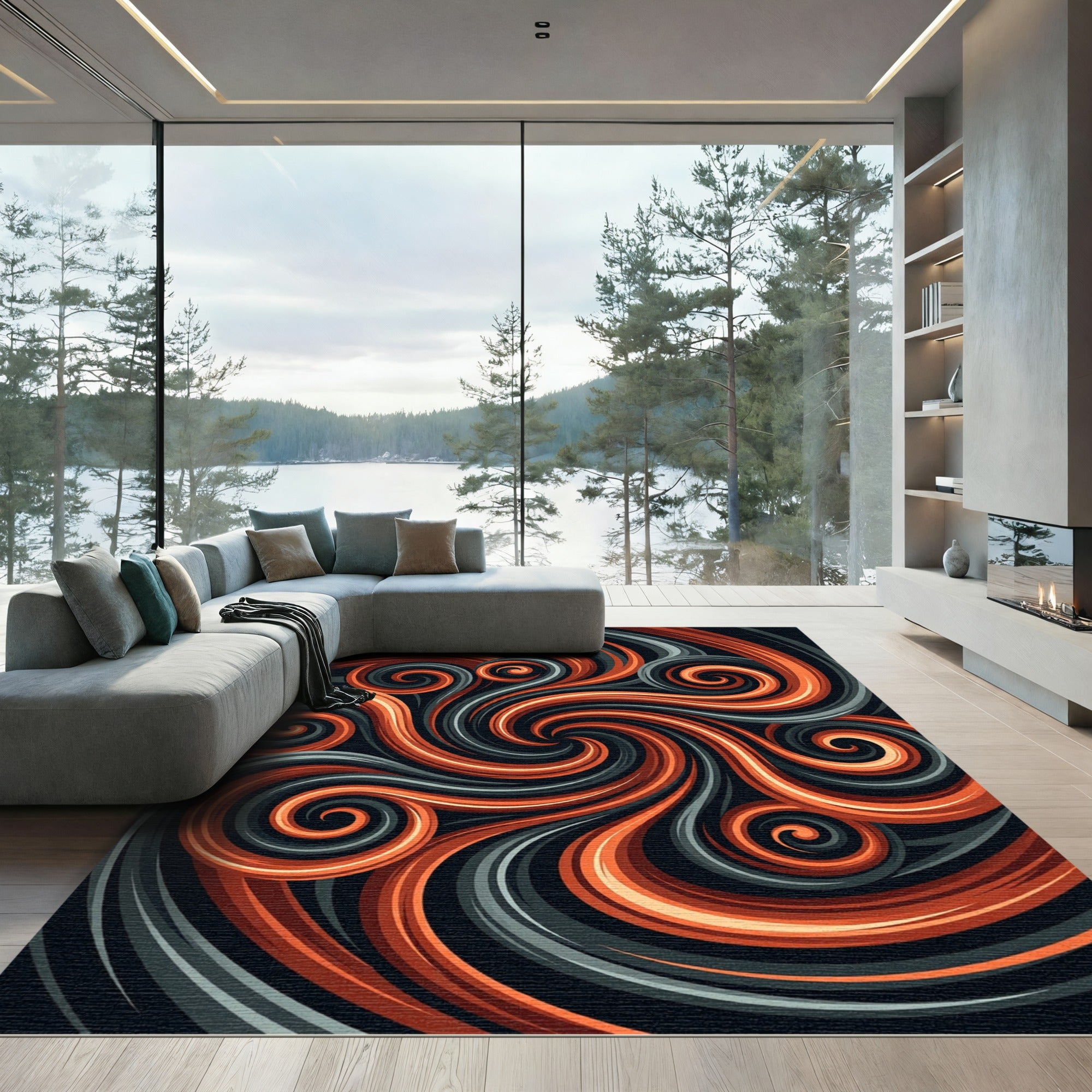 Abstract Copper and Obsidian Swirl Rug