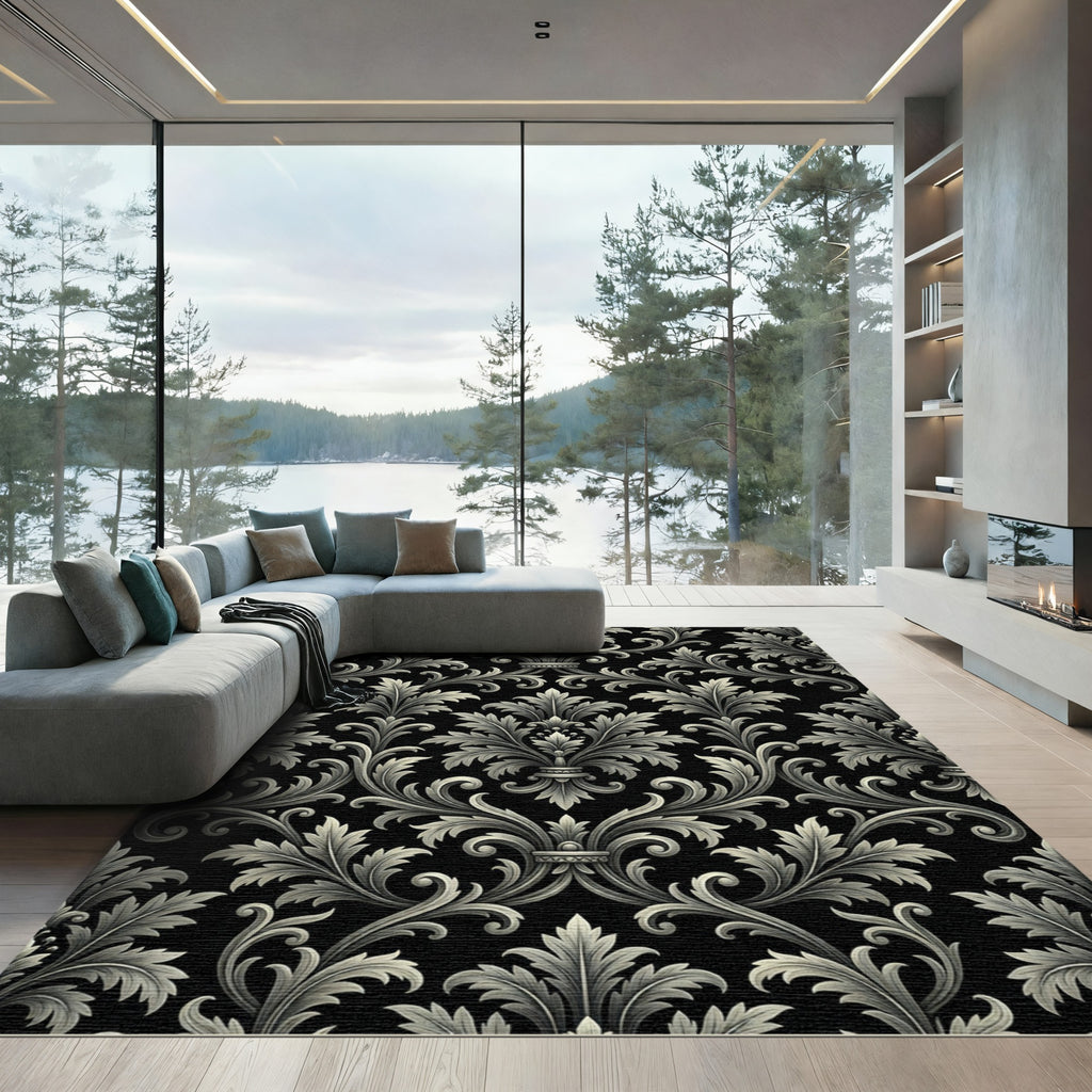 Black White Acanthus Scroll Baroque Rug