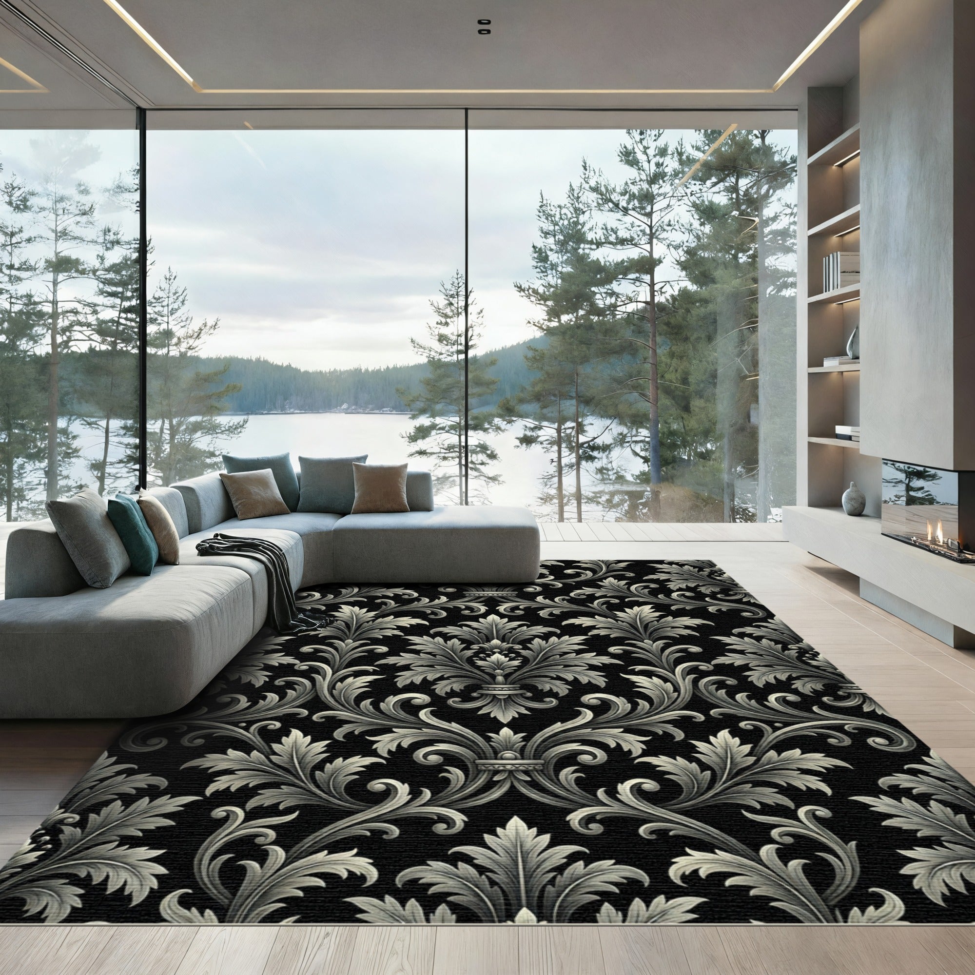 Black White Acanthus Scroll Baroque Rug