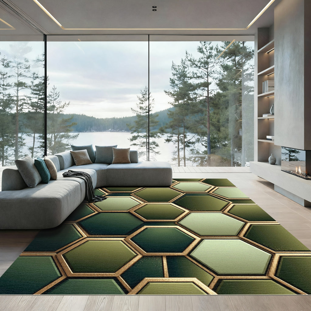 Golden Hexagon Deep Emerald Mosaic Rug
