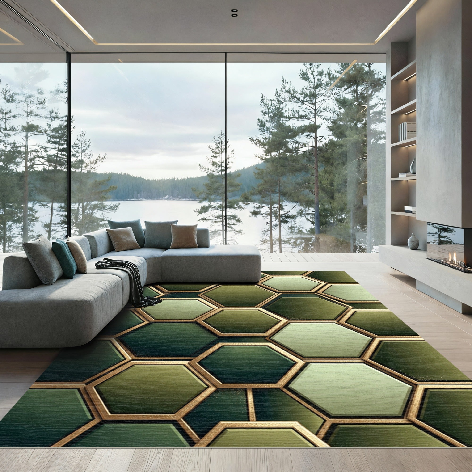 Golden Hexagon Deep Emerald Mosaic Rug
