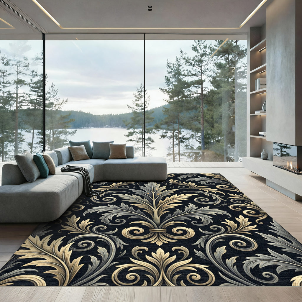 Elegant Gold and Charcoal Damask Scroll Rug