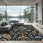 Elegant Gold and Charcoal Damask Scroll Rug