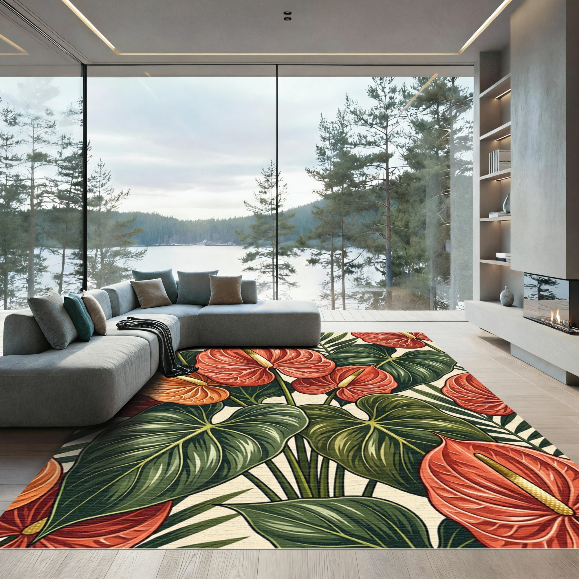 Lush Tropical Anthurium Botanical Garden Rug
