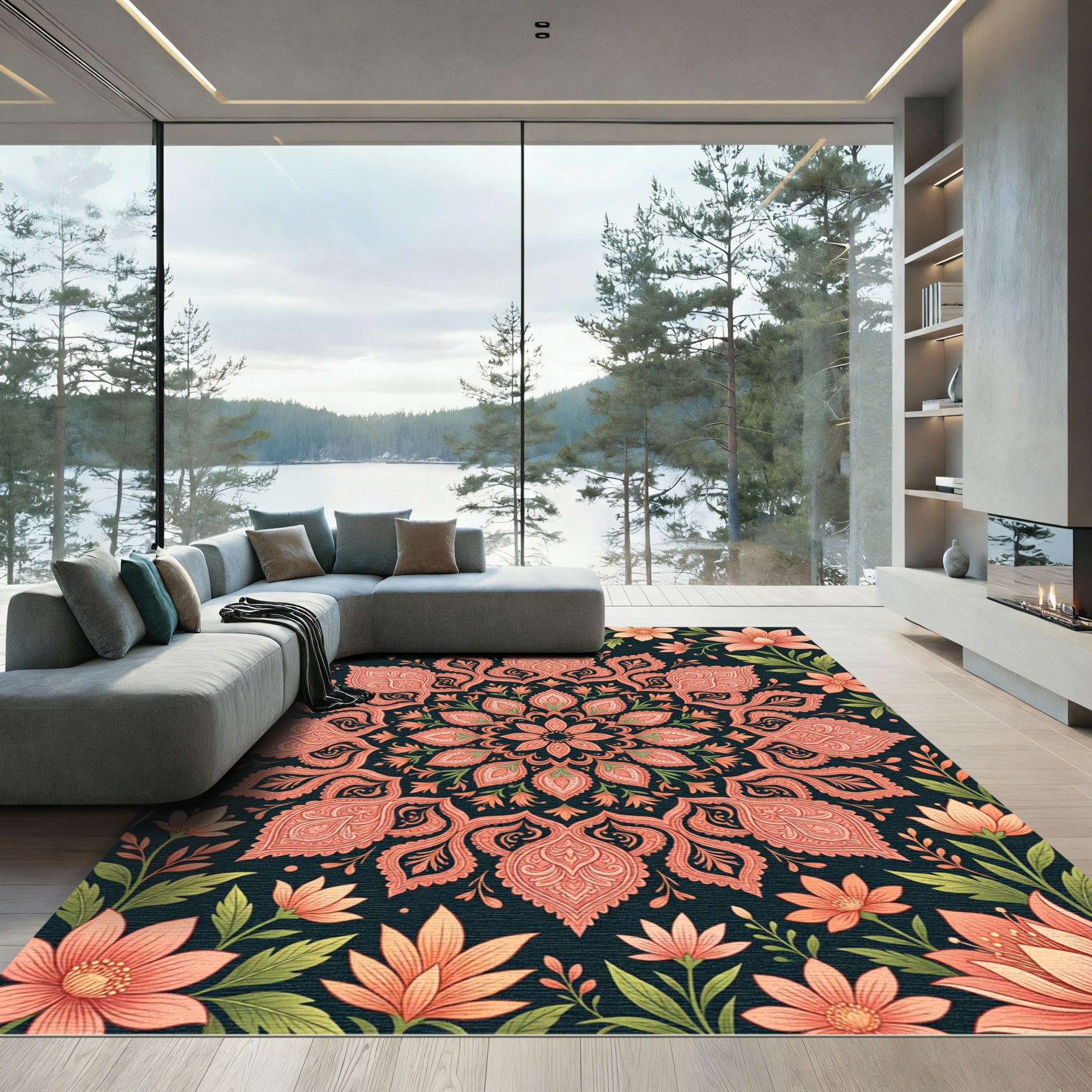 Coral Botanical Paisley Mandala Rug