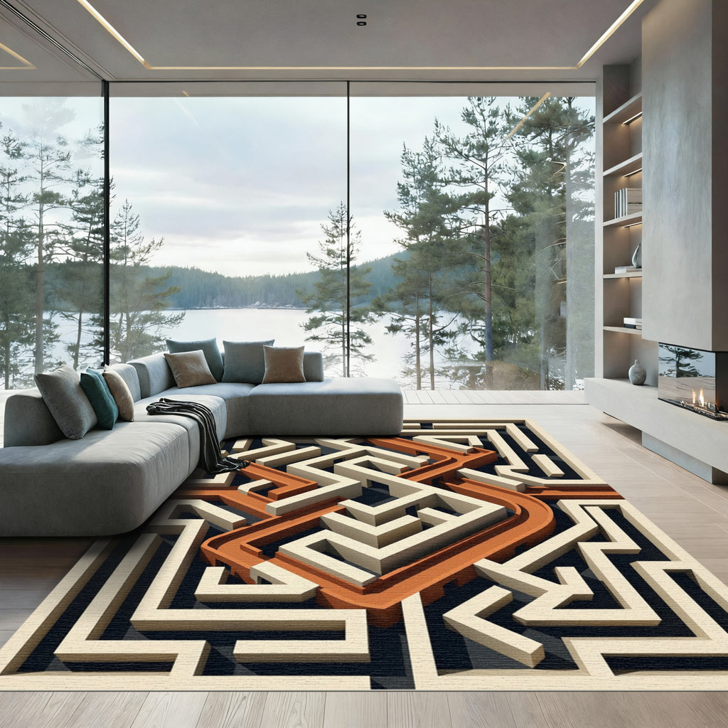 Geometric Amber And Cream Labyrinth Rug