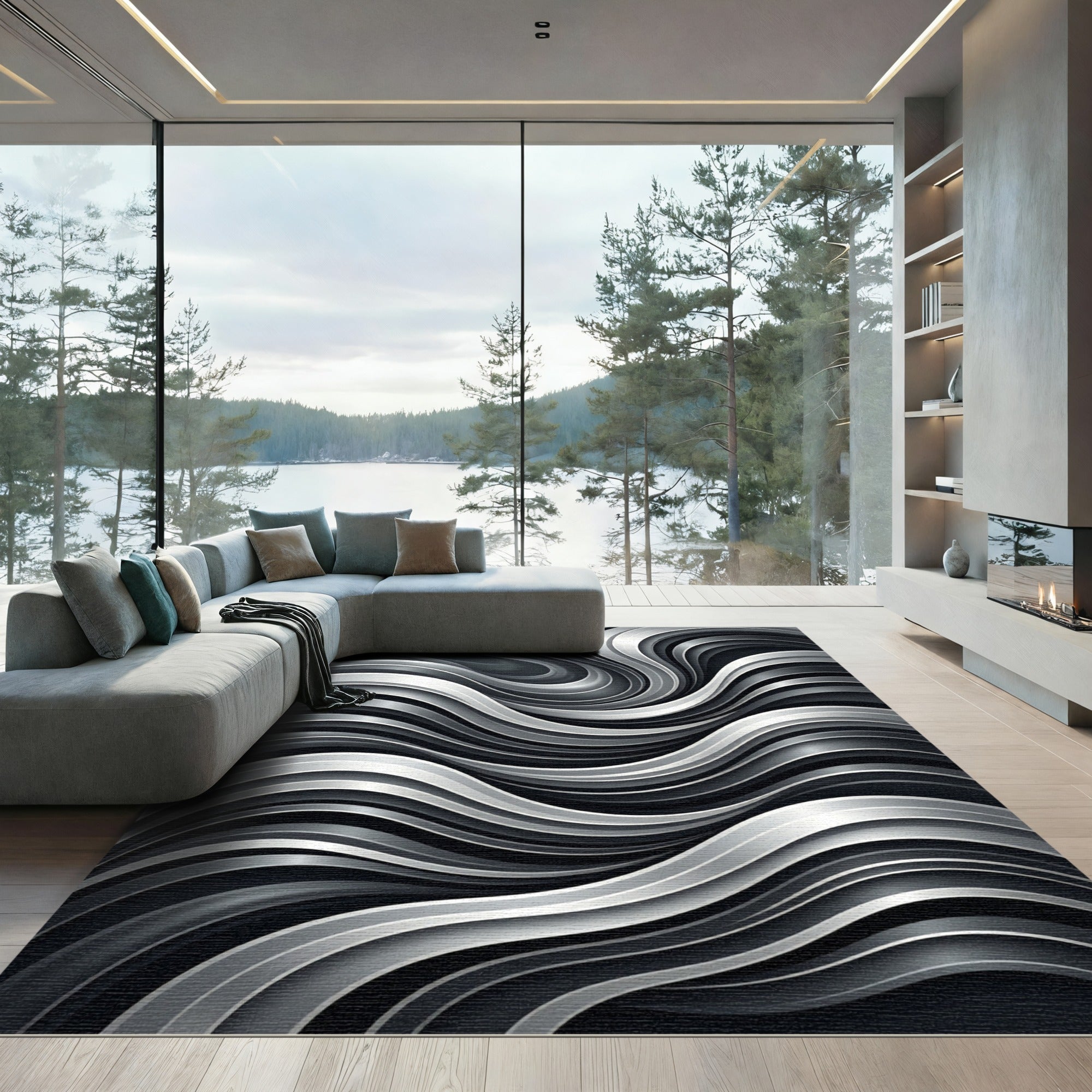 Chic Silver Swirl Modern Lines Rug