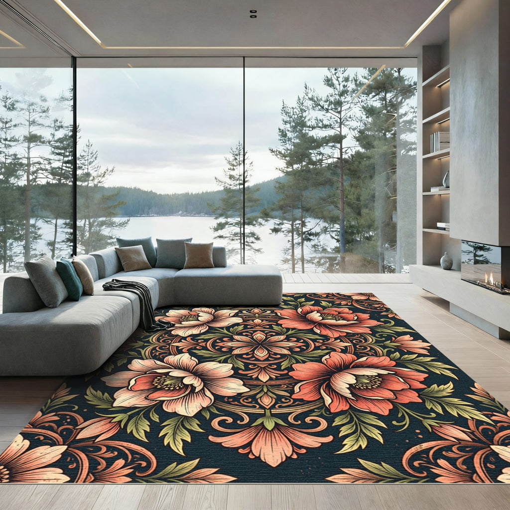 Earthy Coral Floral Medallion Composition Rug