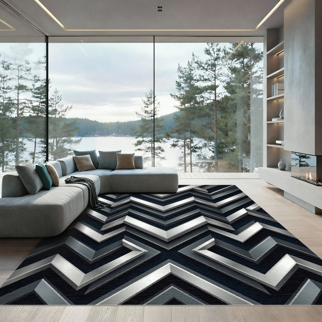 Metallic Silver Chevron Geometric Monochromatic Rug