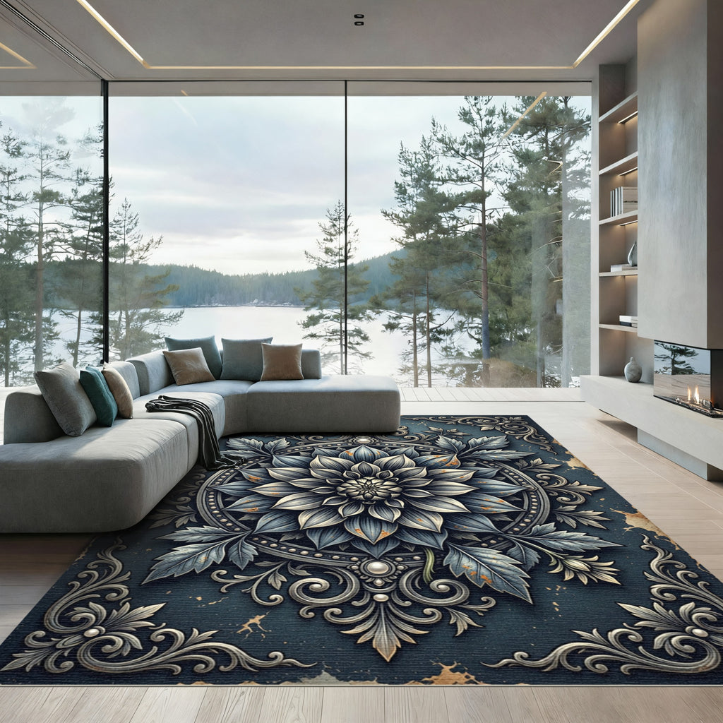 Antique Slate Silver Floral Medallion Rug