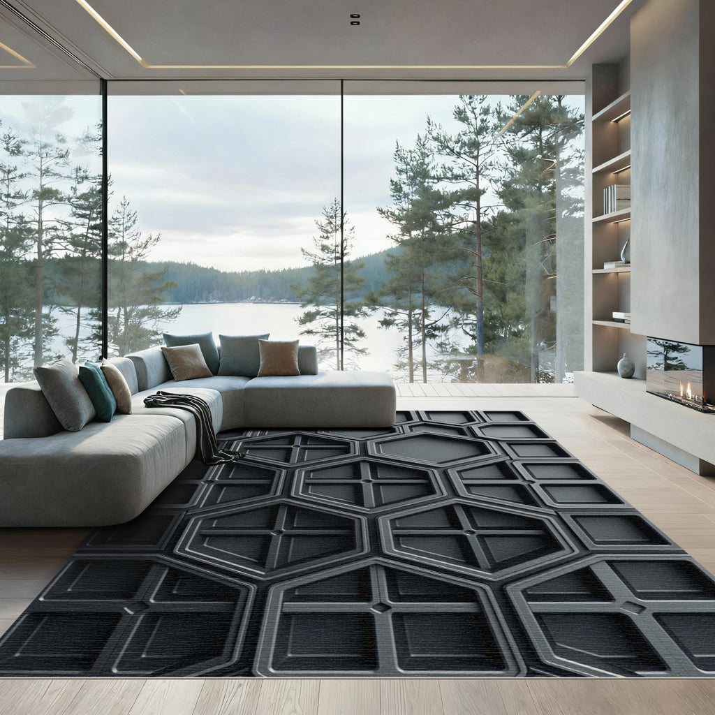 Modern Charcoal Geometric Hexagonal Architecture Rug