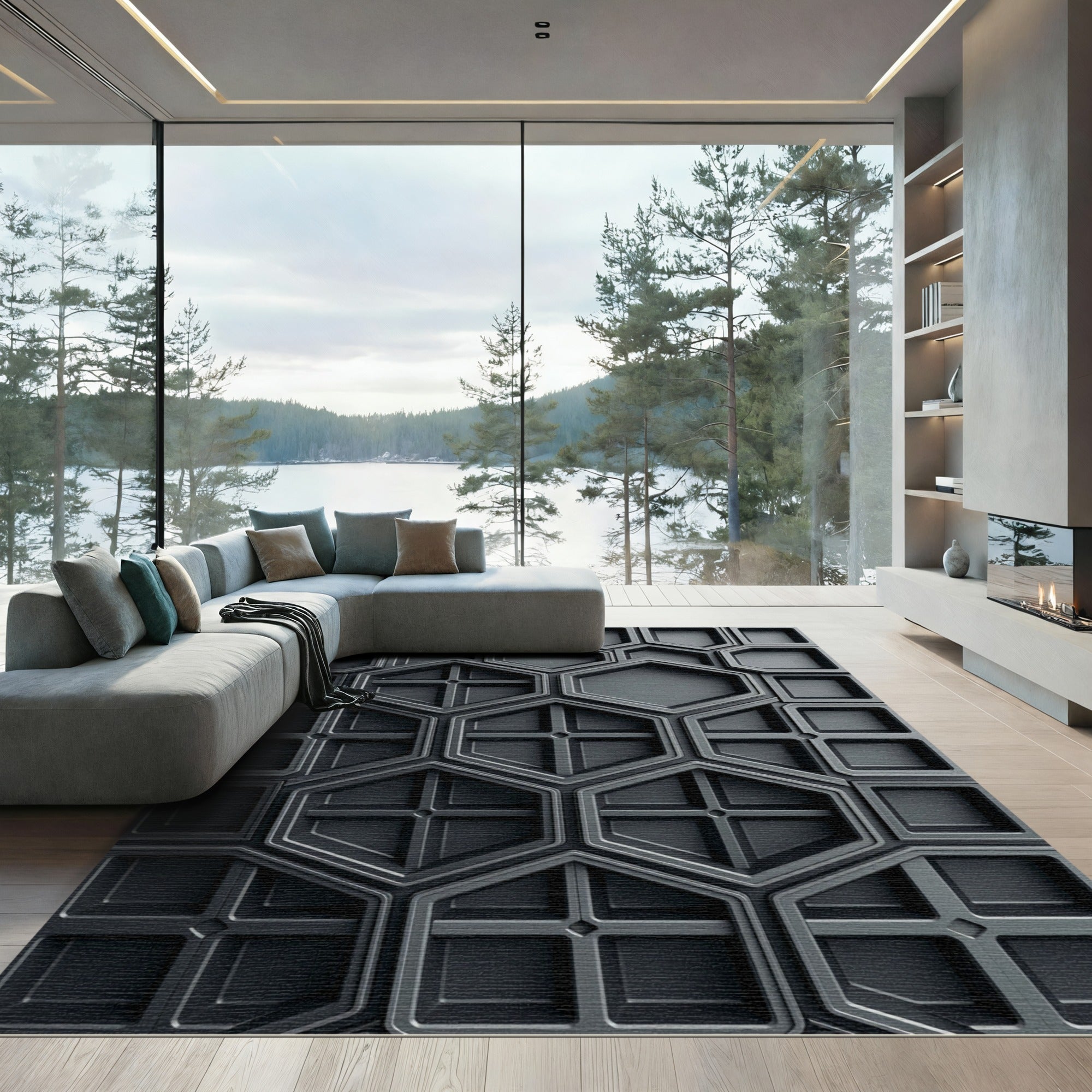 Modern Charcoal Geometric Hexagonal Architecture Rug