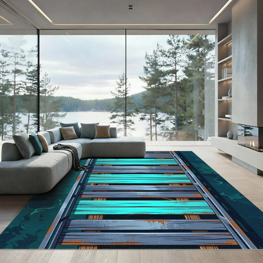 Rustic Teal and Steel Plank Board Rug