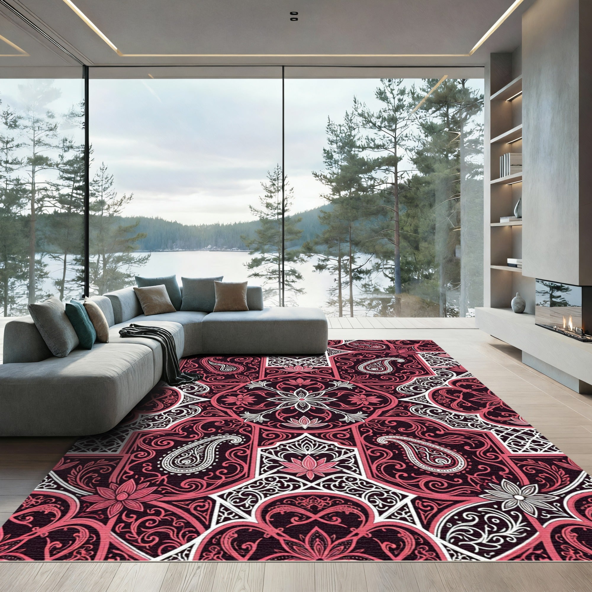Elegant Crimson Paisley Lotus Medallion Rug