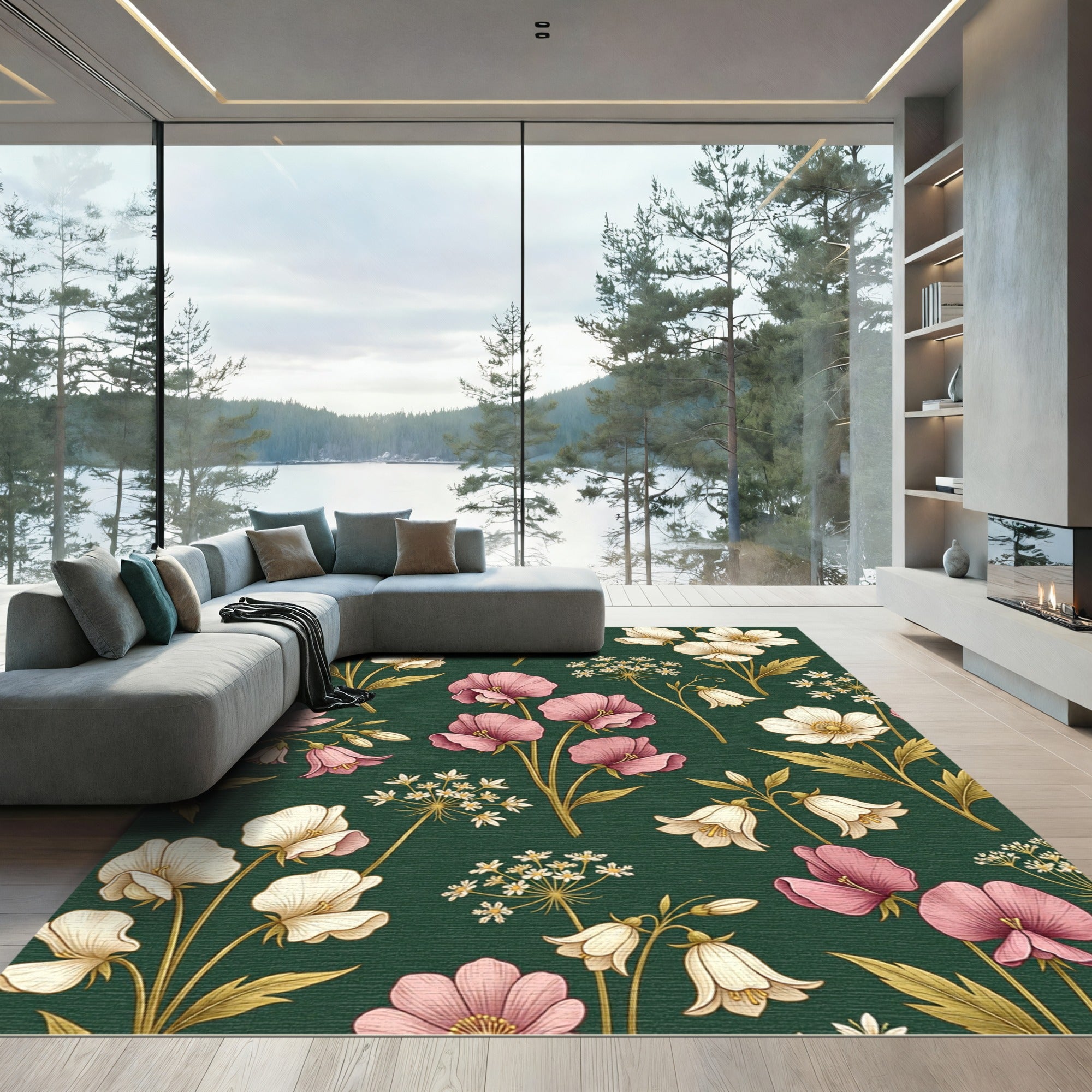 Pink Cream Floral Botanical Garden Rug