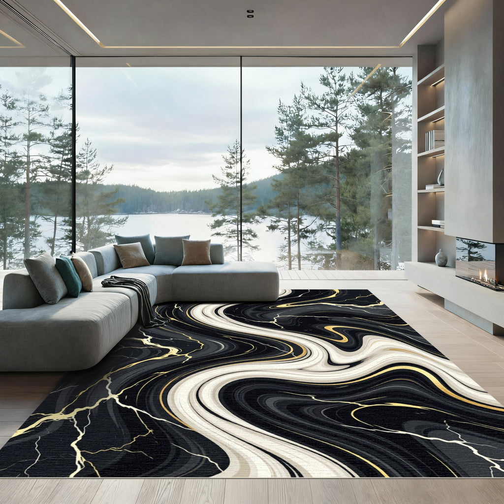 Black and White Marble Swirl Gold Overlay Rug