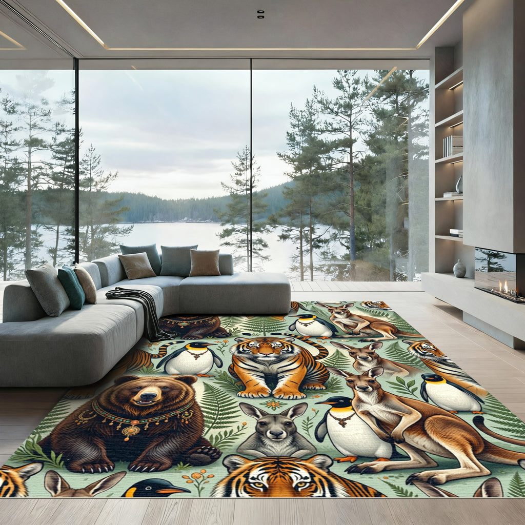 Whimsical Jungle Animal Fern Folk Art Rug