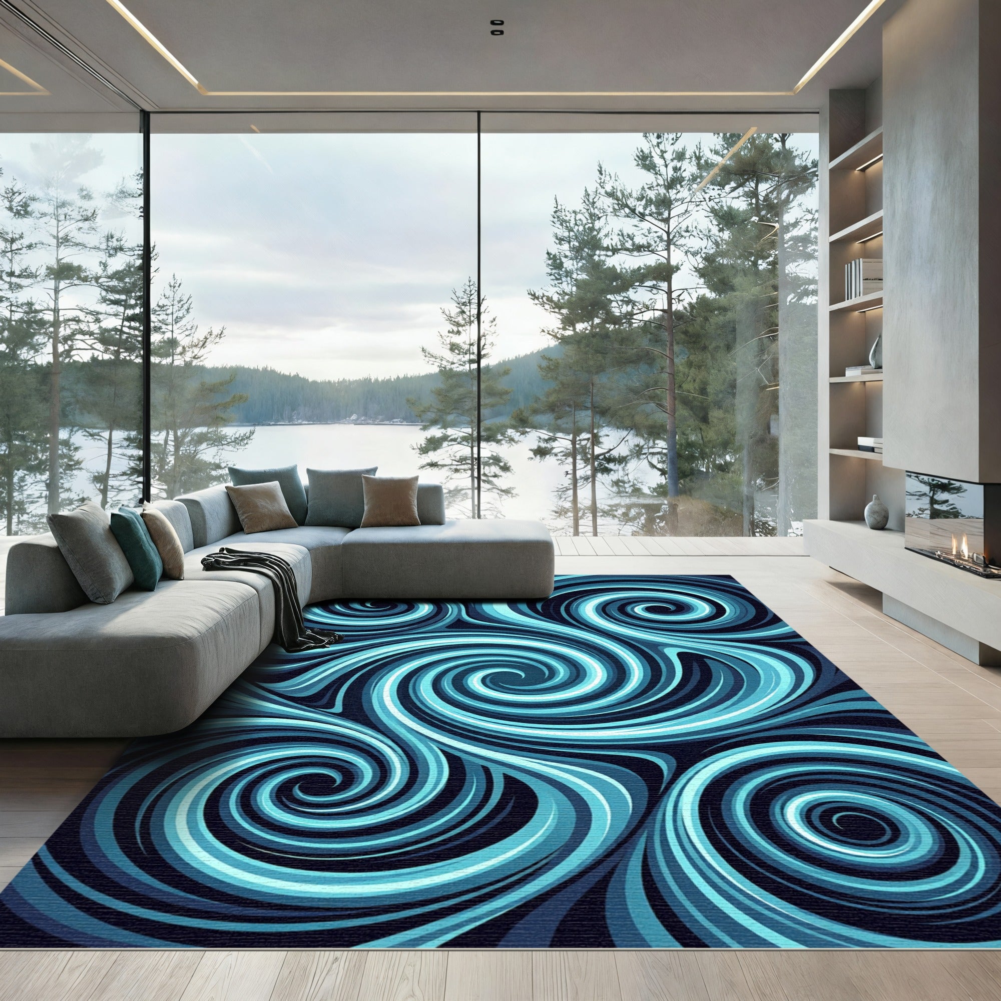 Aqua Blue Swirls Abstract Rug