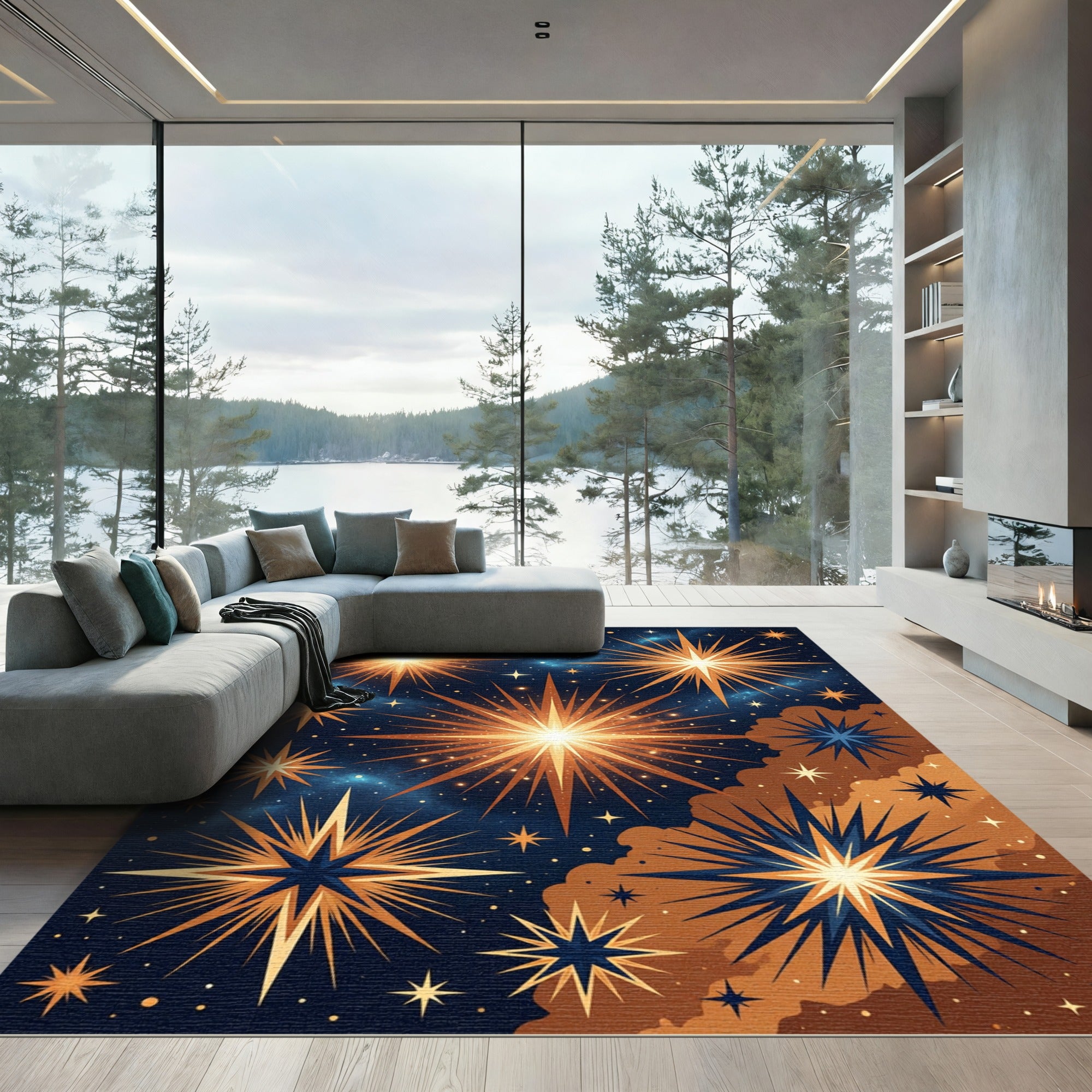 Golden Starburst Cosmic Night Rug