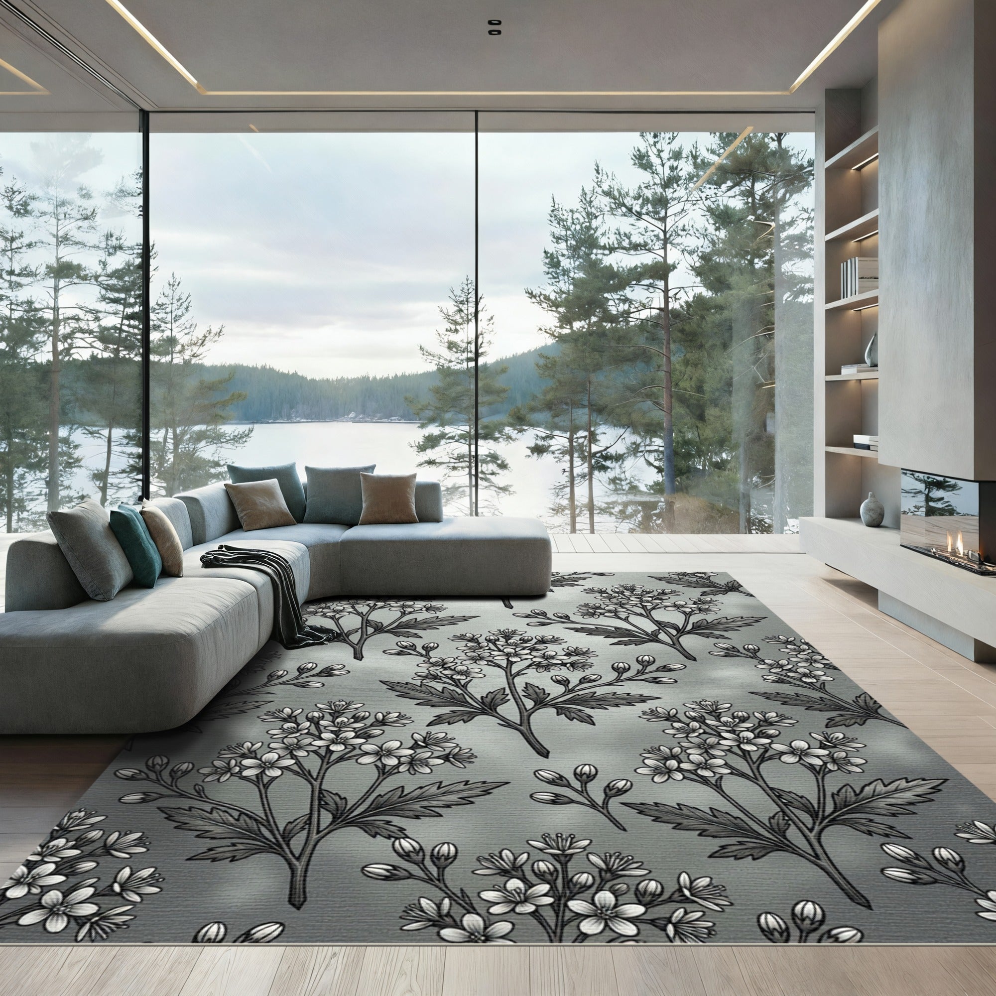 Grayscale Floral Branch Repeating Pattern Rug