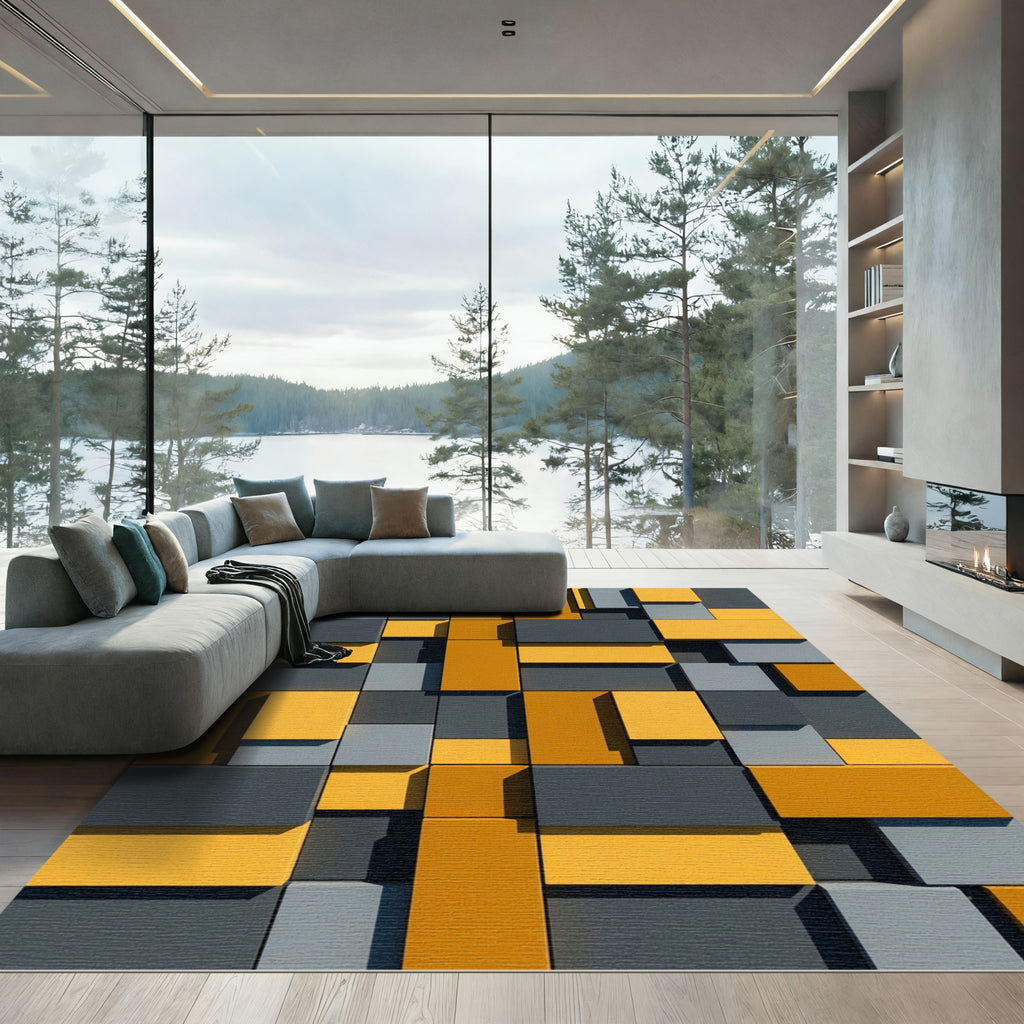 Modern Golden Yellow and Charcoal Geometric Blocks Rug