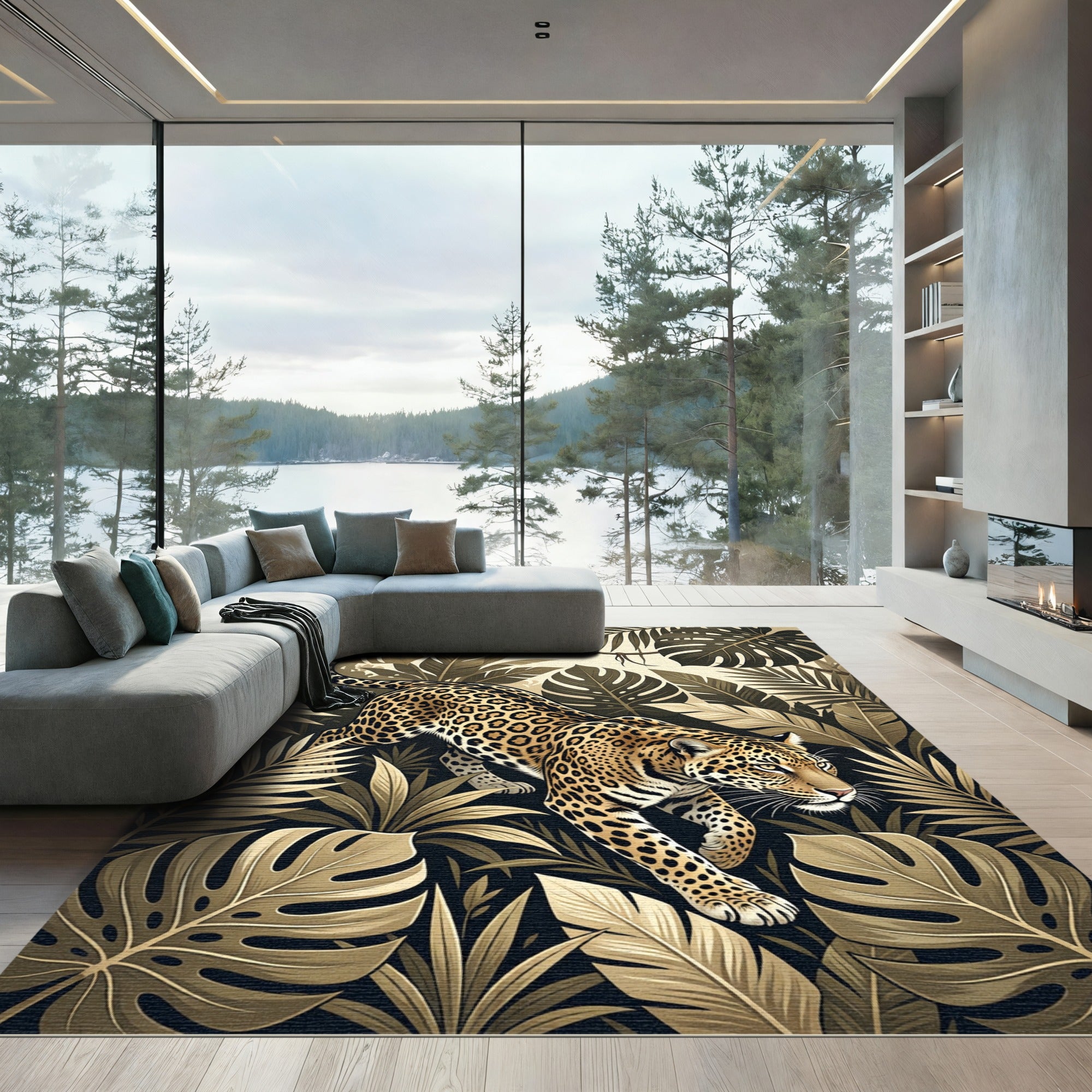 Jungle Leopard Tropical Leaf Portrait Rug