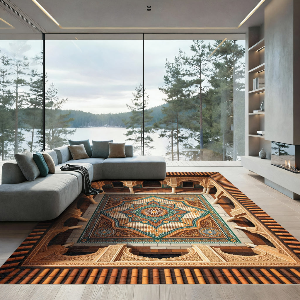Intricate Geometric Medallion Earthy Tones Rug