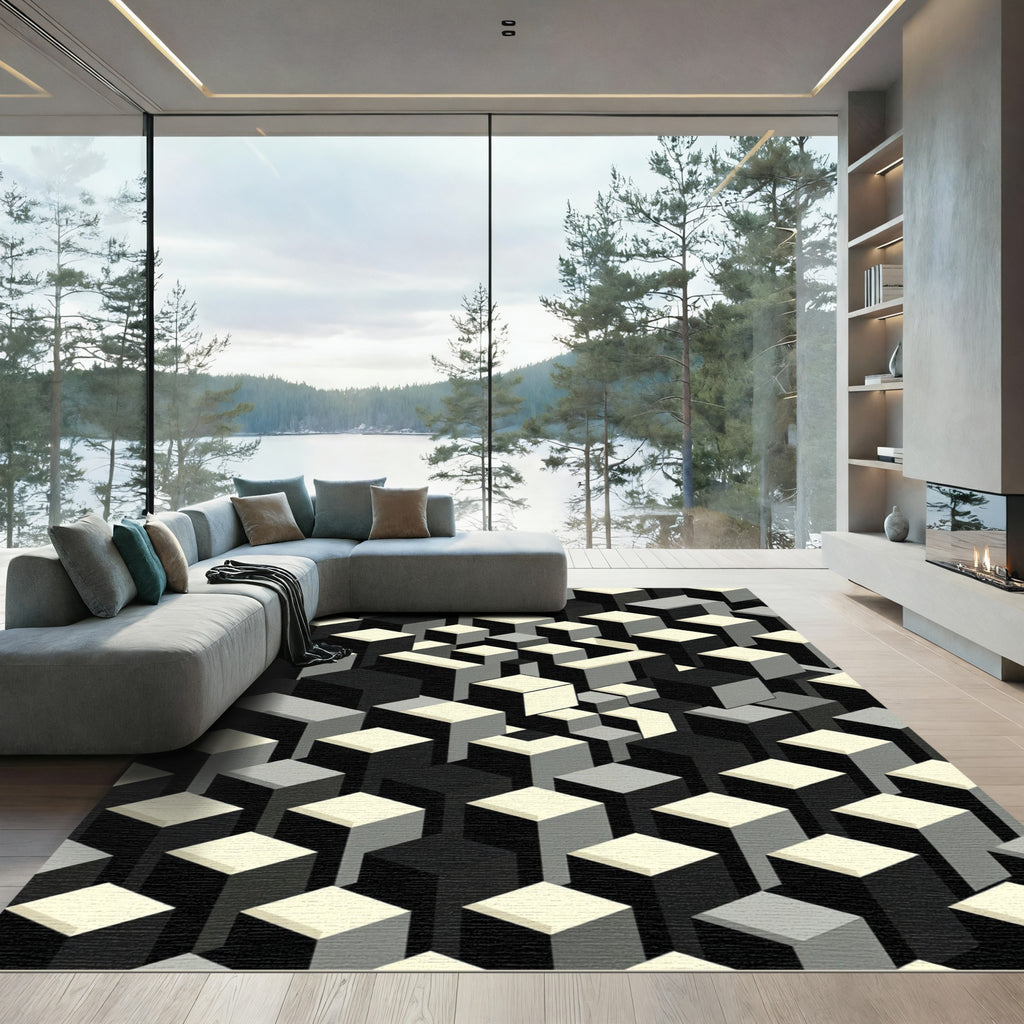 Monochrome Isometric Geometric Cube Rug