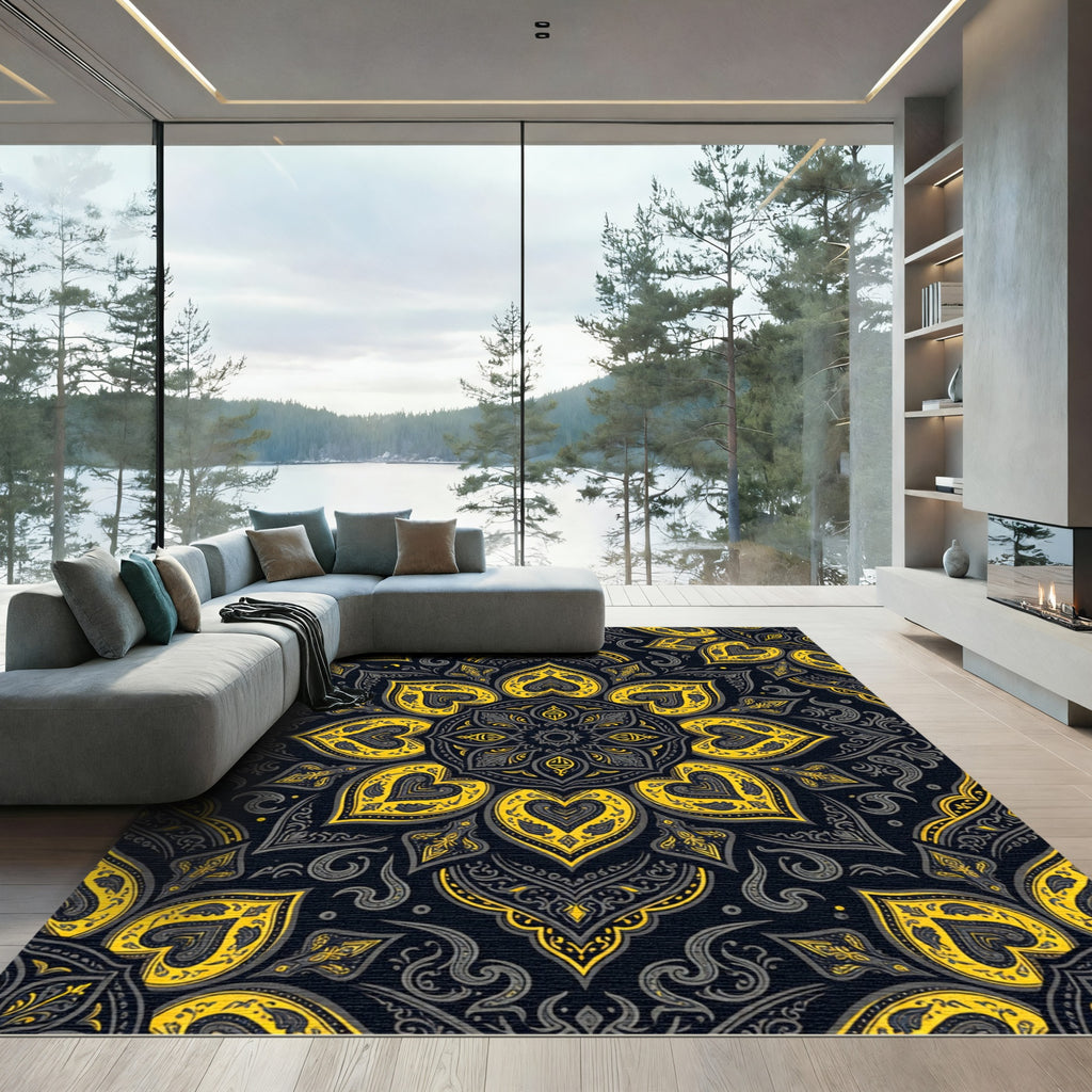 Golden Floral Medallion Black Mandala Rug