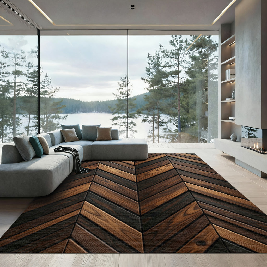 Rich Wood Grain Chevron Pattern Rug