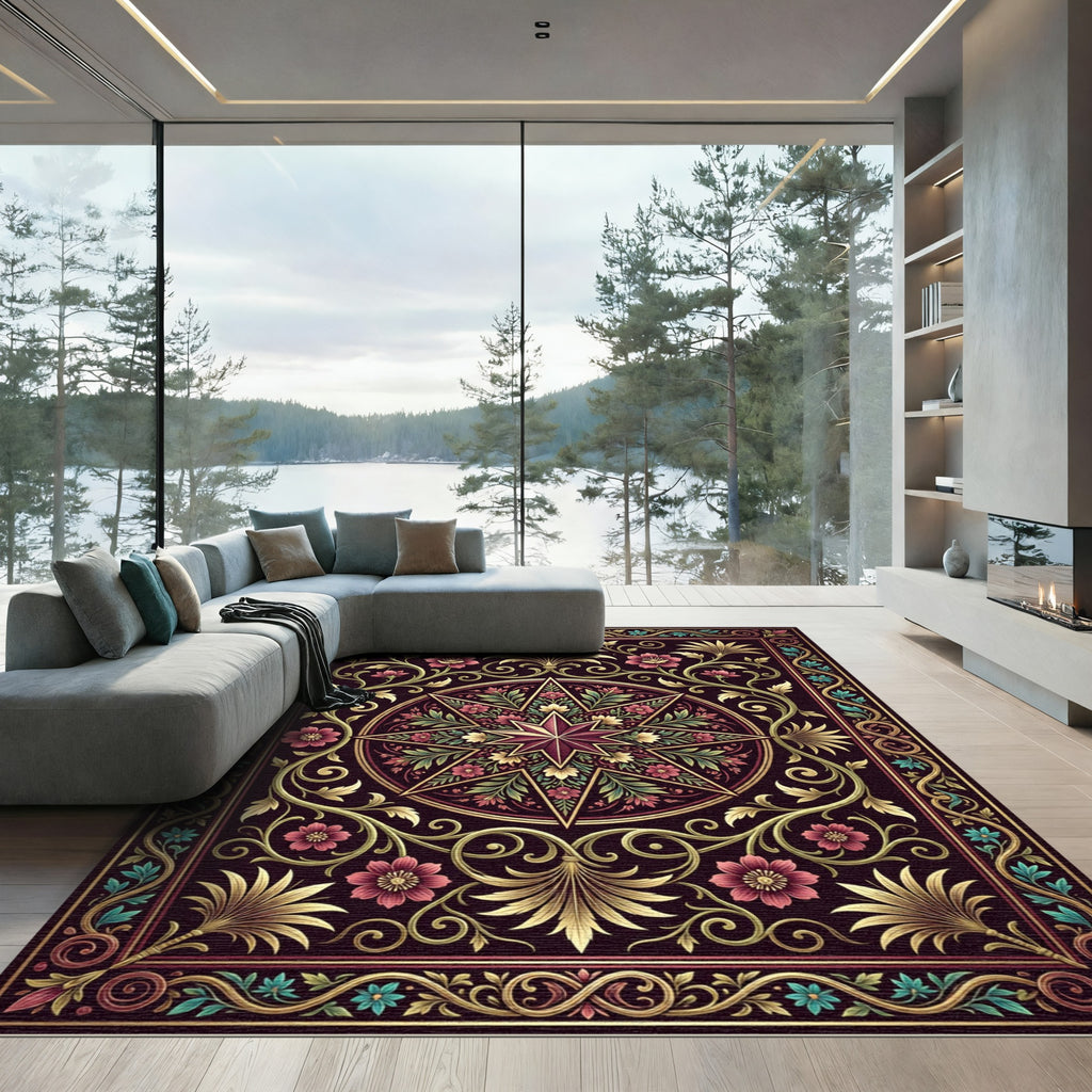 Crimson Starburst Floral Scrollwork Rug