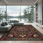 Crimson Starburst Floral Scrollwork Rug
