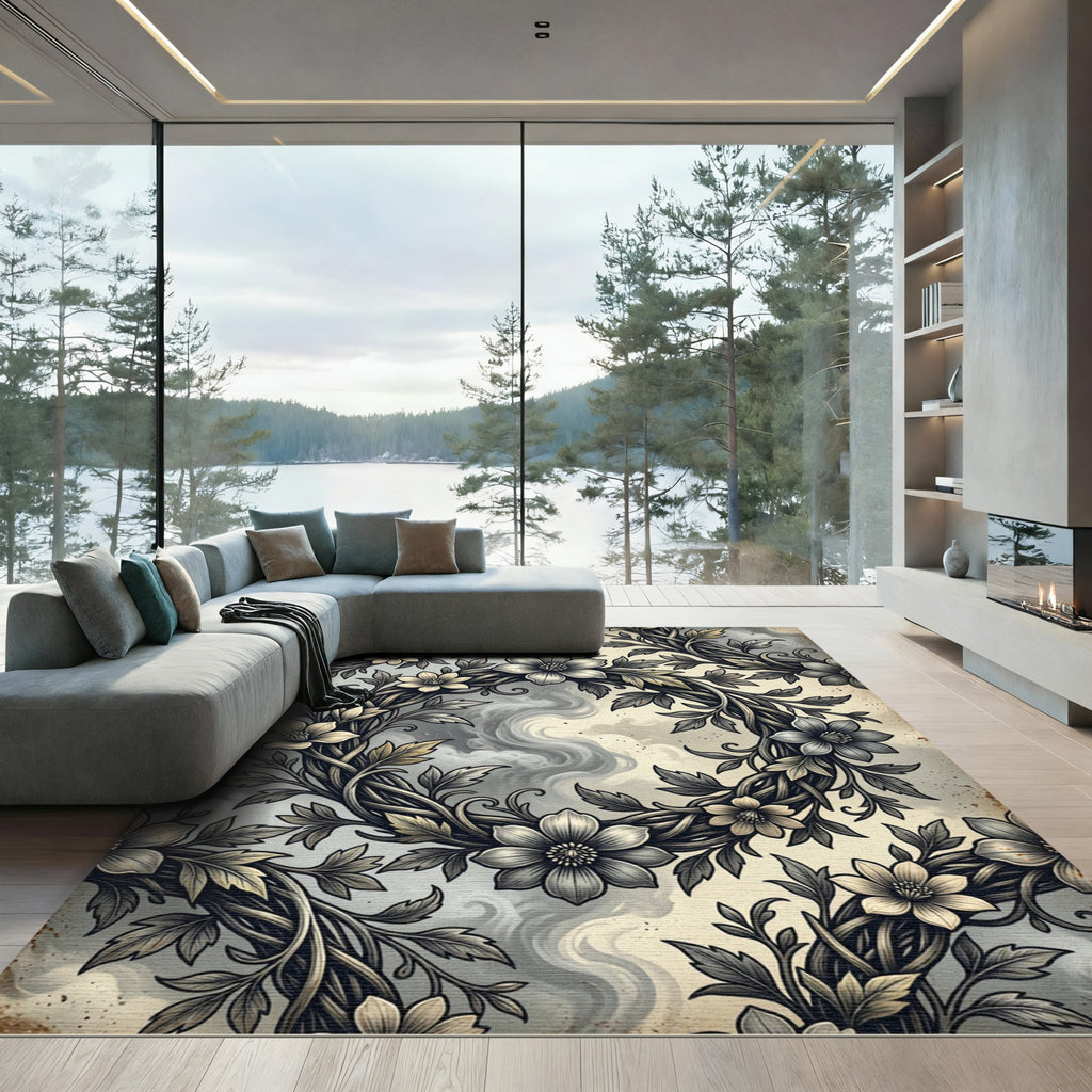 Ethereal Monochrome Botanical Wreath Swirl Rug