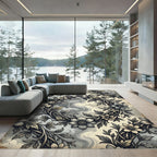 Ethereal Monochrome Botanical Wreath Swirl Rug