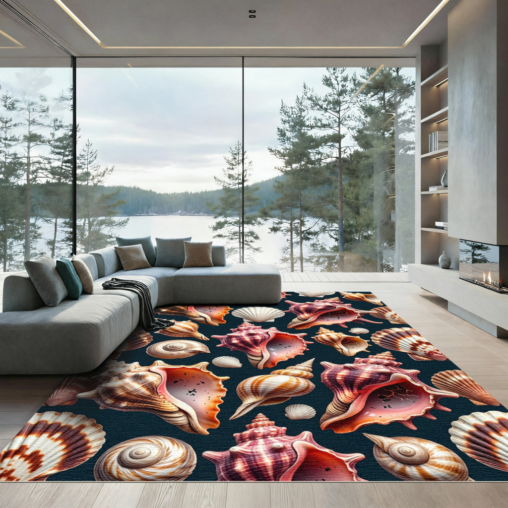 Coastal Seashells in Deep Marine Blue Rug