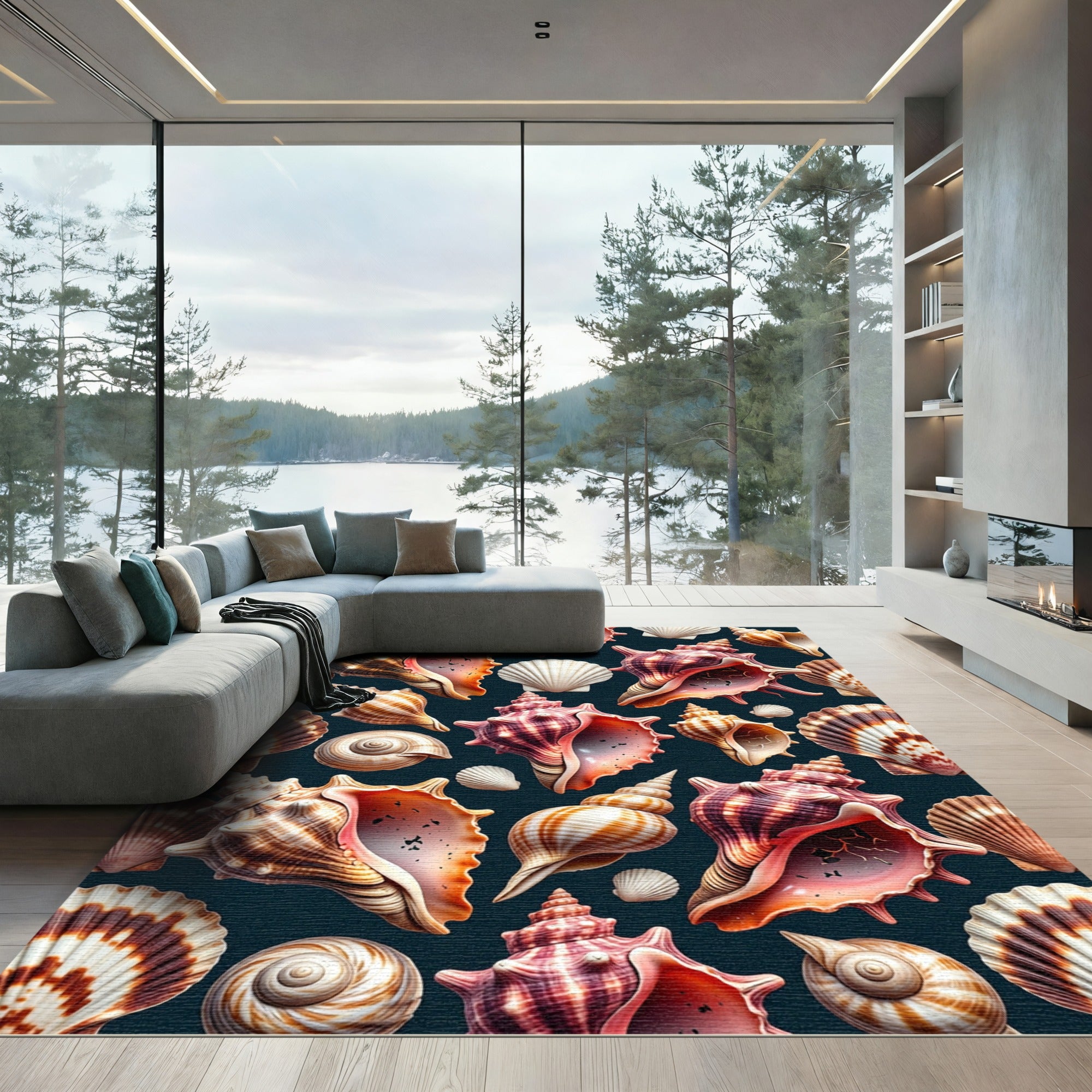 Coastal Seashells in Deep Marine Blue Rug