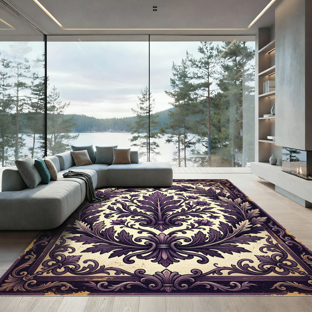 Plum Floral Acanthus Frame Accent Rug